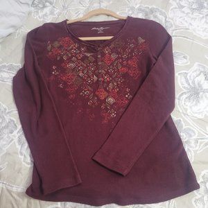 Eddie Bauer Burgundy Long Sleeve Ribbed Henley Size Small EUC